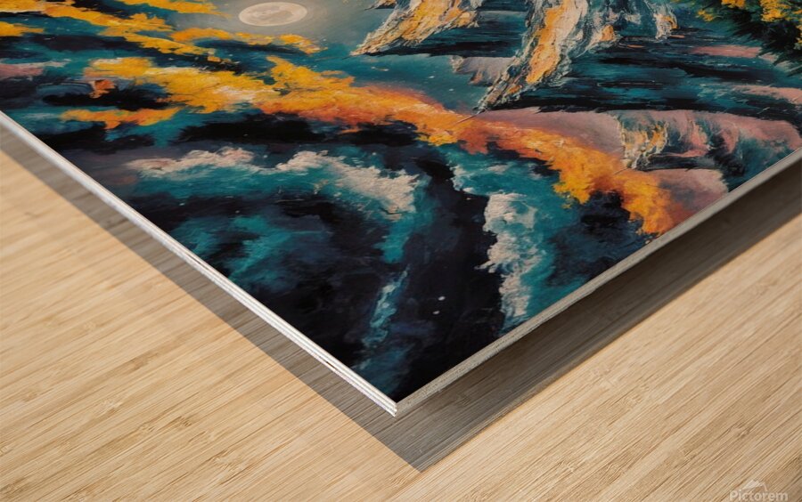 Mountains on a moonlit night Wood print