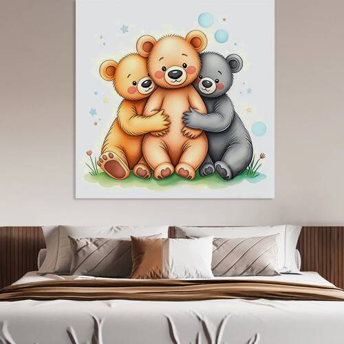 Three Cute Teddy Bears Hugging Together — Kawaii Cartoon Illustration on White Background by Art Visions