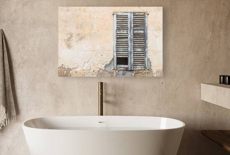 Detail view of old damaged window shutters and vintage wall by alex