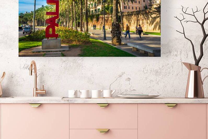 Palma de Majorca city center with palm tree alley and view of Palma sign by alex