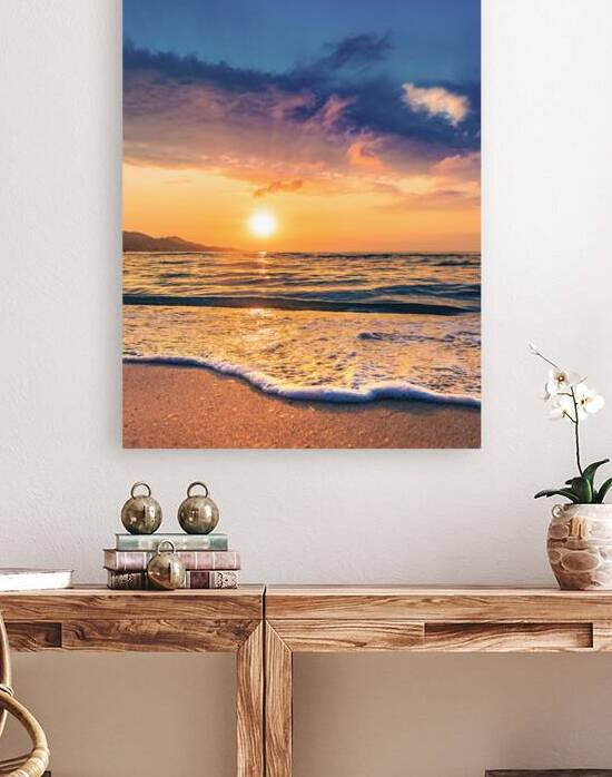 Idyllic evening twilight on the beach with soft sea water wave by alex