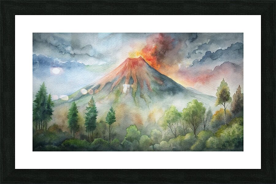                   Watercolor Volcano Eruption in a Misty Forest Picture Frame print
