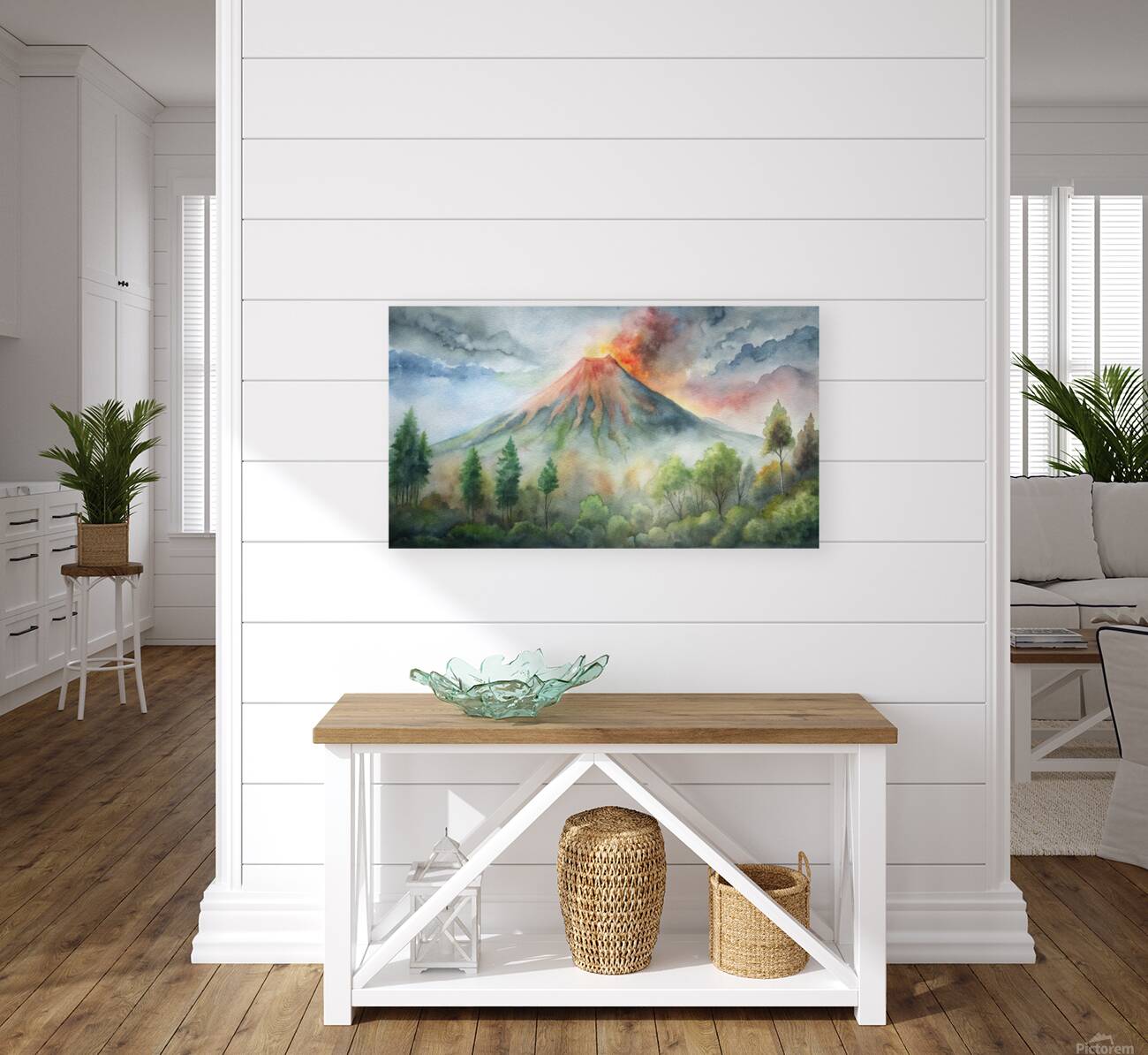                  Watercolor Volcano Eruption in a Misty Forest Reproduction