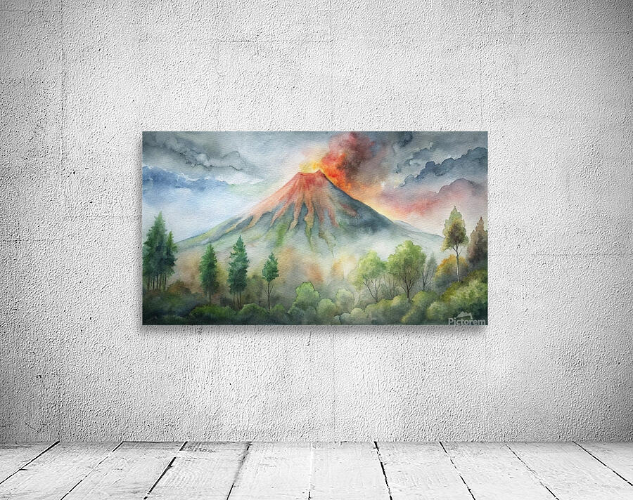                   Watercolor Volcano Eruption in a Misty Forest Wall Preview