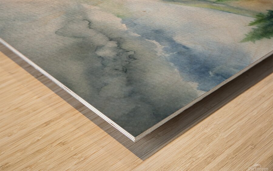                   Watercolor Volcano Eruption in a Misty Forest Wood print