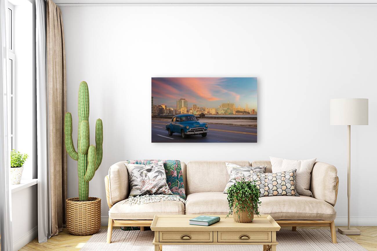 Classic Blue Car on the Malecon Reproduction