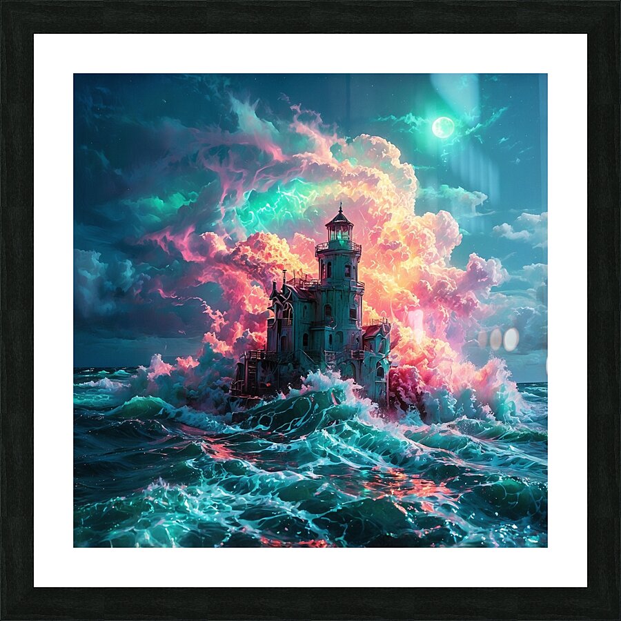  Emerald Tempest: Waves Beneath a Crimson Sky Picture Frame print