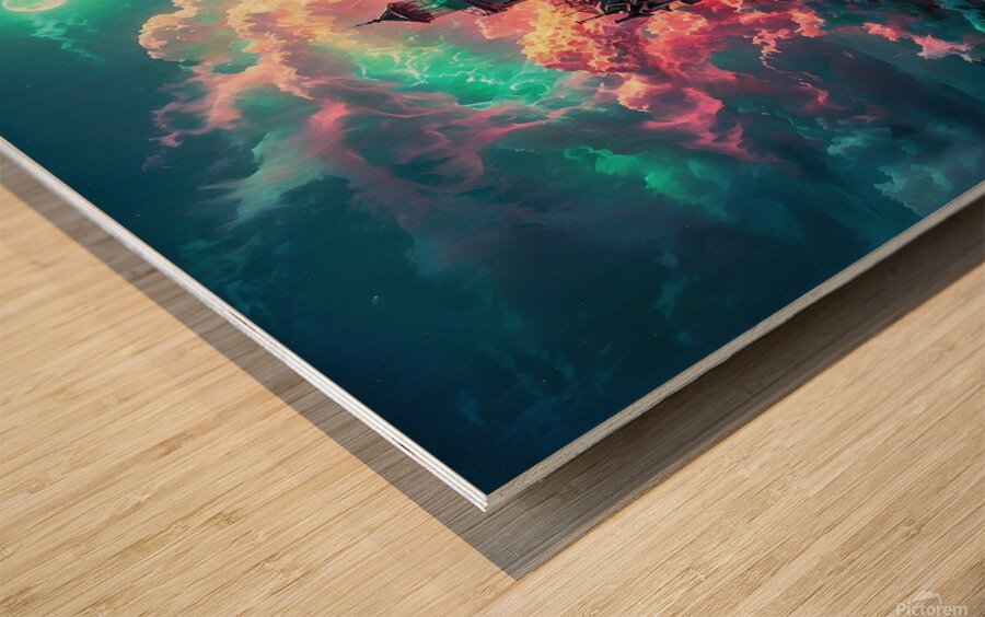  Emerald Tempest: Waves Beneath a Crimson Sky Wood print