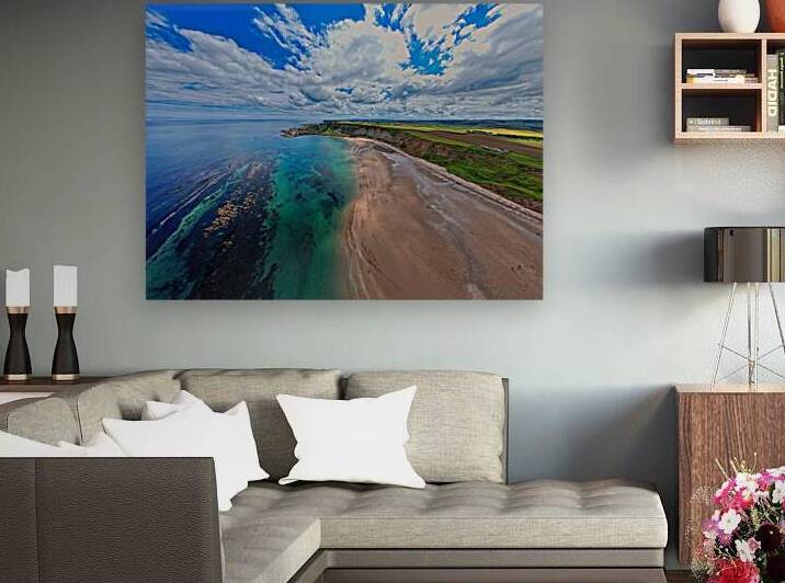 Aerial view of scenic coastline with turquoise waters and sandy beaches at Cayton Bay Yorkshire by Vasile Jechiu