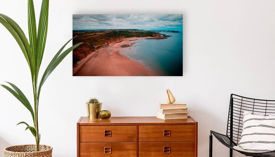 Aerial view of coastal landscape with sandy beach and cliffs at Cayton Bay Yorkshire by Vasile Jechiu