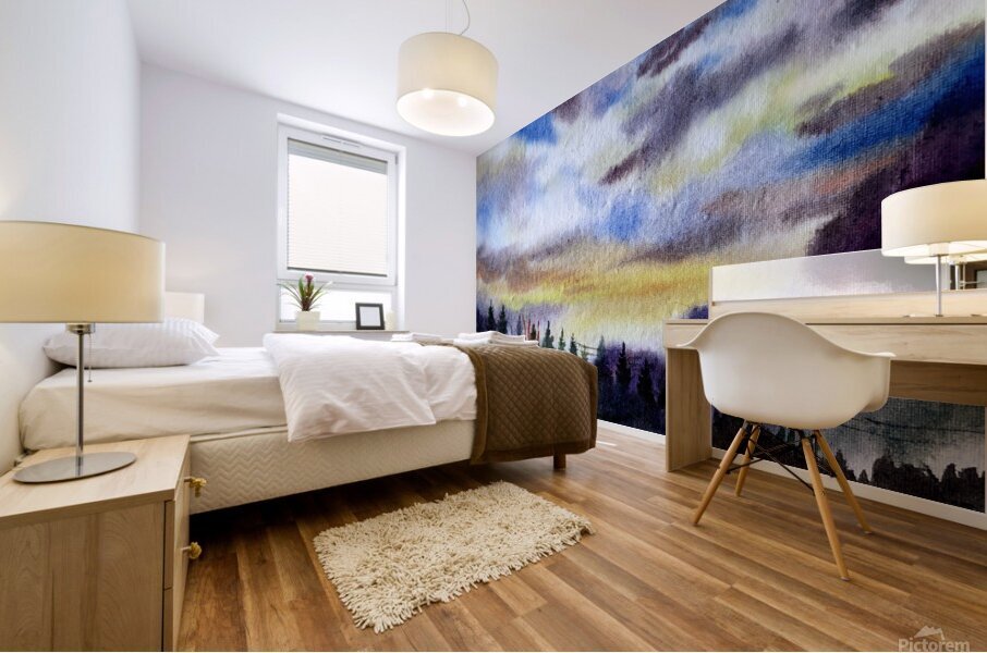 Cloudy Sunset Himalaya Mountain Landscape  Watercolor Painting Mural print