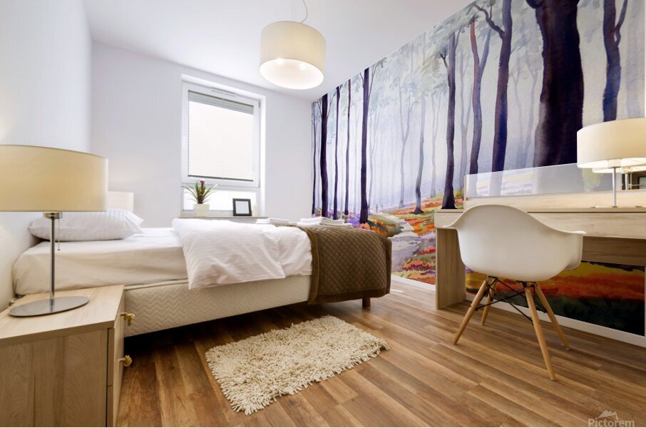 Misty Flowers Garden inside a Forest Watercolor Painting Mural print