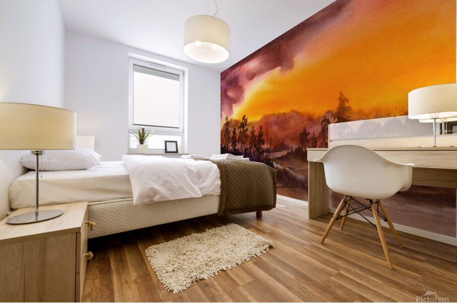 Cloudy Sunset Mountain Himalaya  Watercolor Painting  Mural print