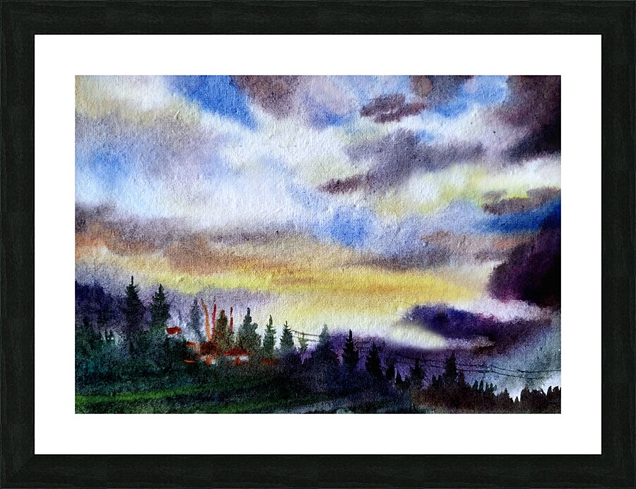 Cloudy Sunset Himalaya Mountain Landscape  Watercolor Painting Picture Frame print