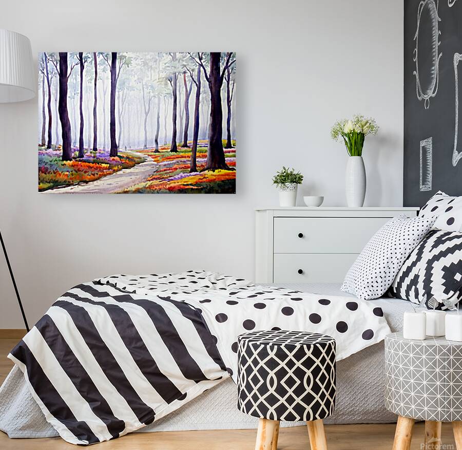 Misty Flowers Garden inside a Forest Watercolor Painting Reproduction