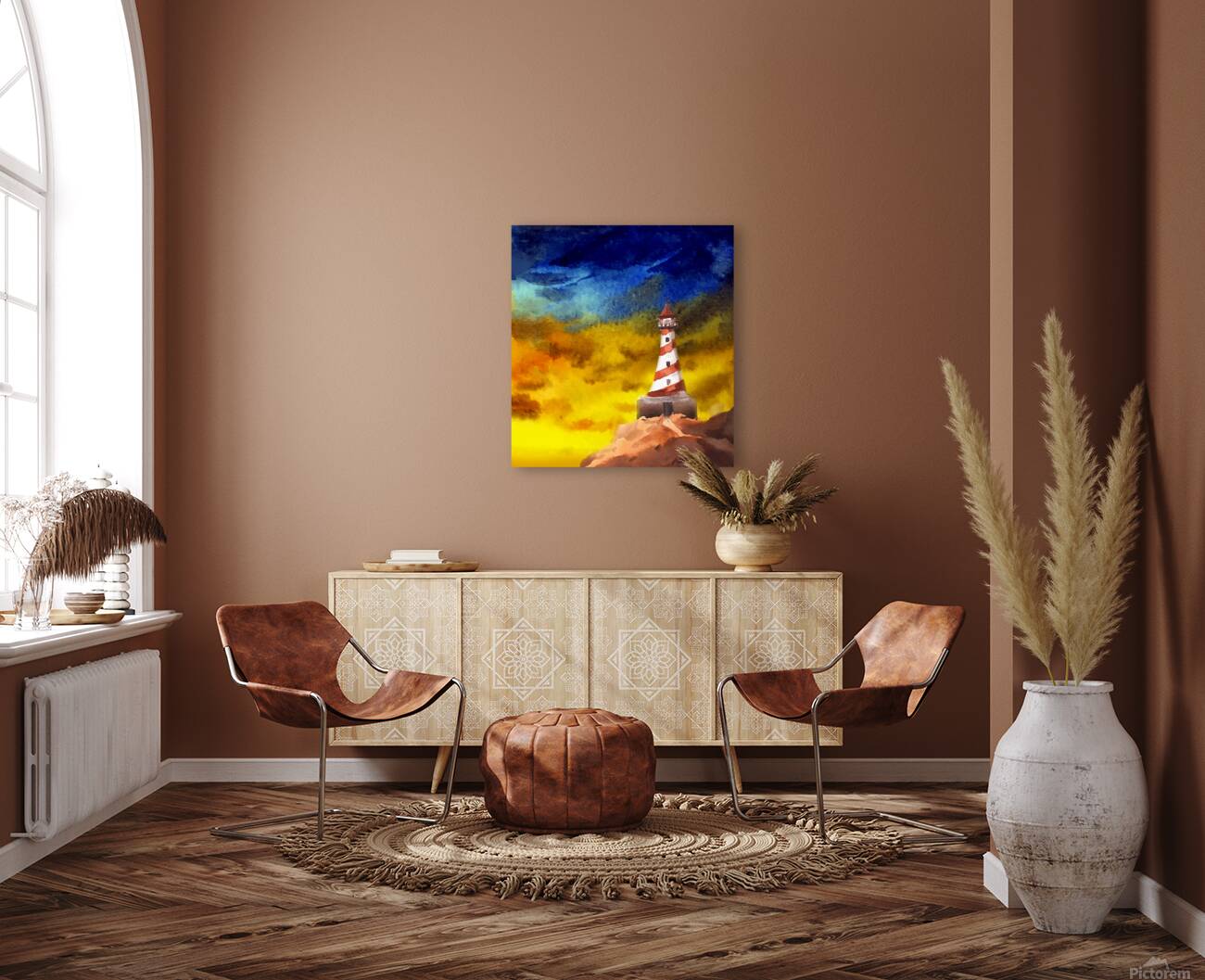 Cloudy Sunset Lighthouse Watercolor Painting  Reproduction