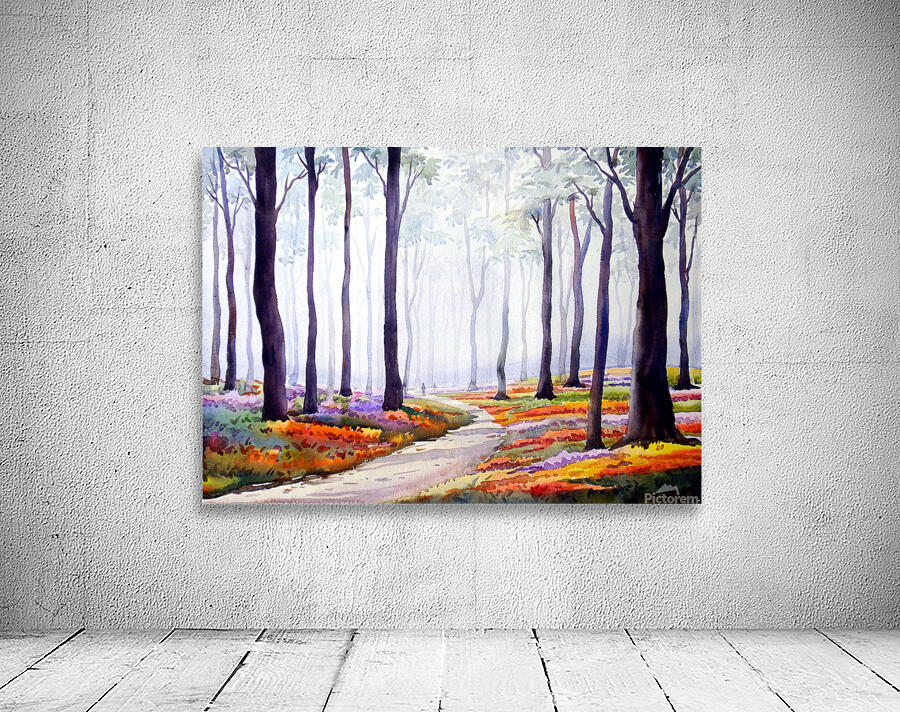 Misty Flowers Garden inside a Forest Watercolor Painting Wall Preview