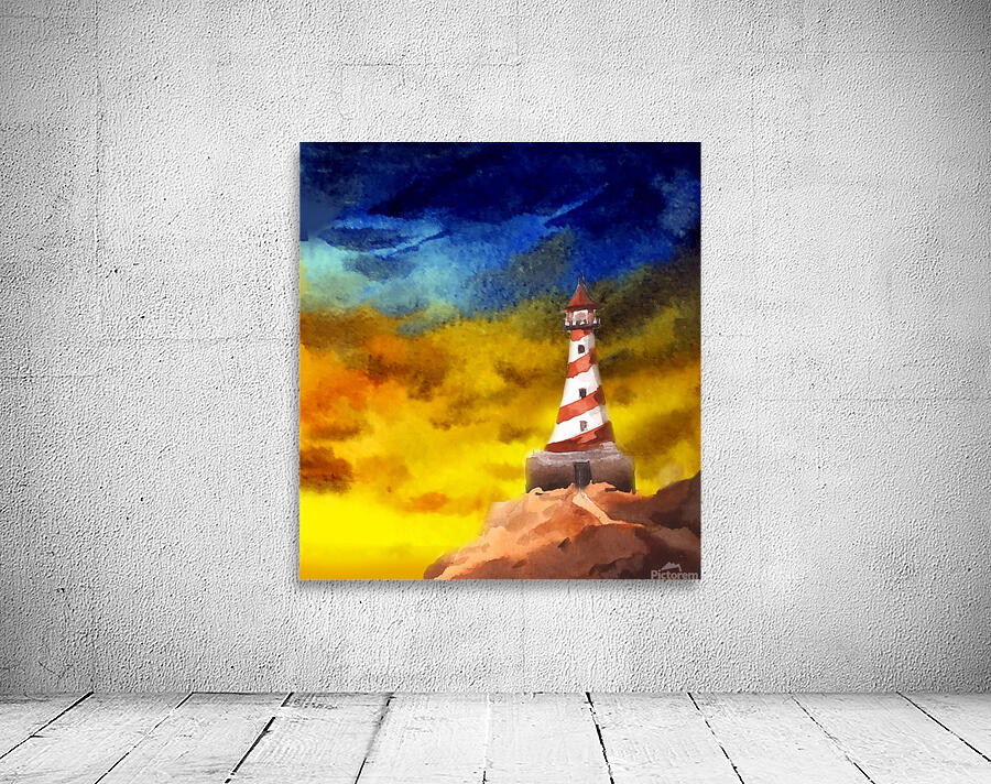 Cloudy Sunset Lighthouse Watercolor Painting  Wall Preview