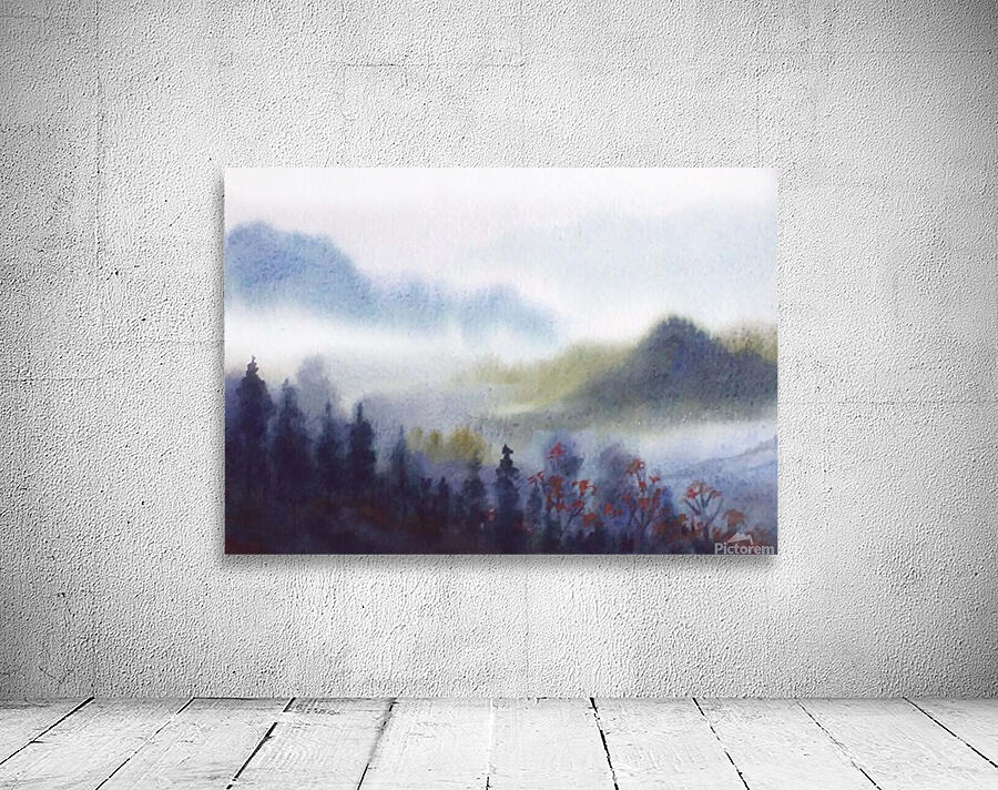 Cloudy Mountain Himalaya Landscape  Watercolor Painting Wall Preview