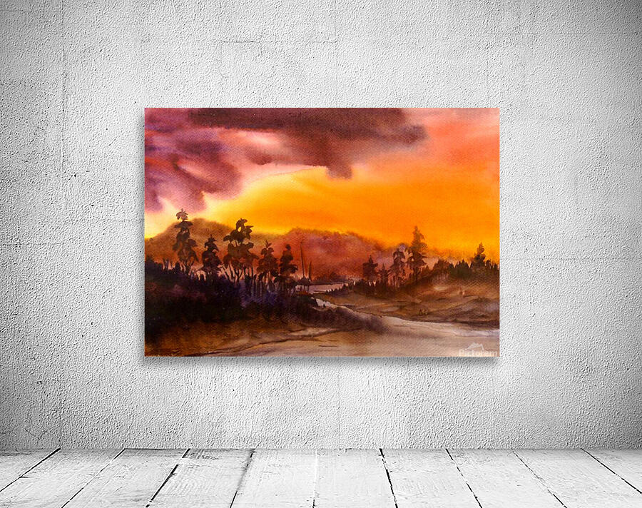 Cloudy Sunset Mountain Himalaya  Watercolor Painting  Wall Preview