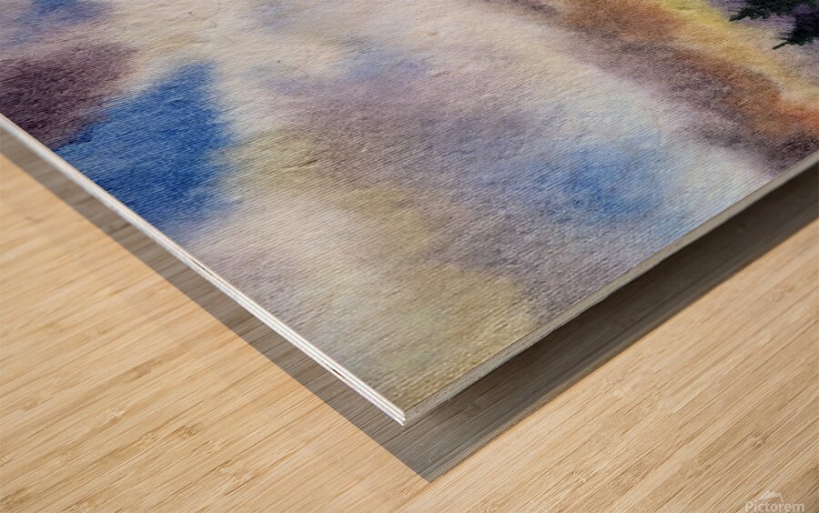 Cloudy Sunset Himalaya Mountain Landscape  Watercolor Painting Wood print