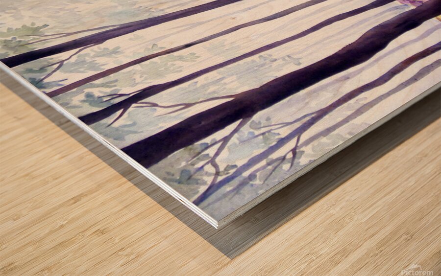 Misty Flowers Garden inside a Forest Watercolor Painting Wood print