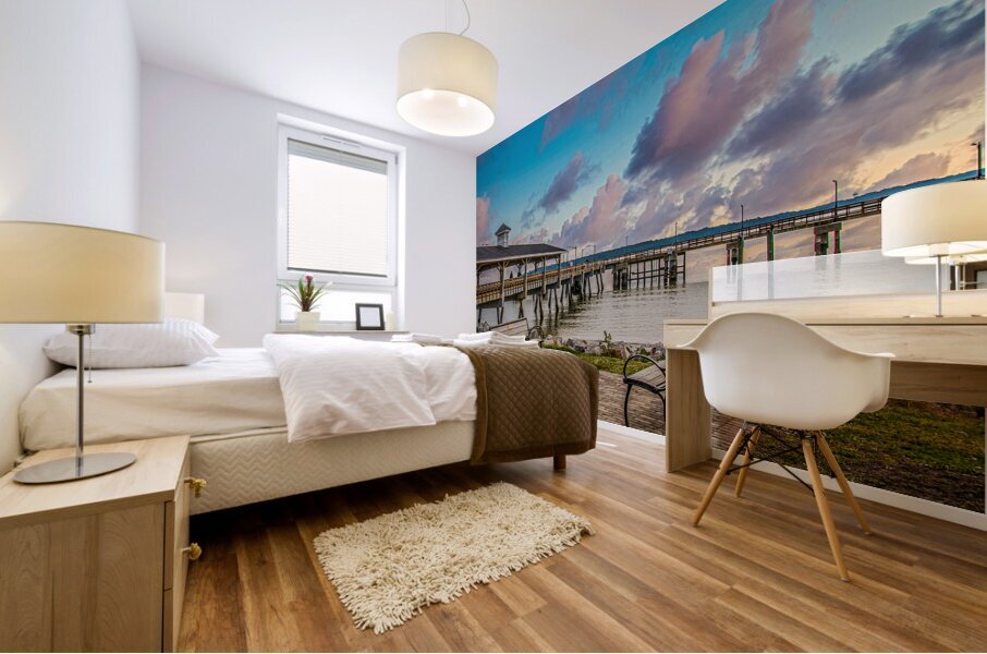 Empty Benches by a Winter Pier Mural print