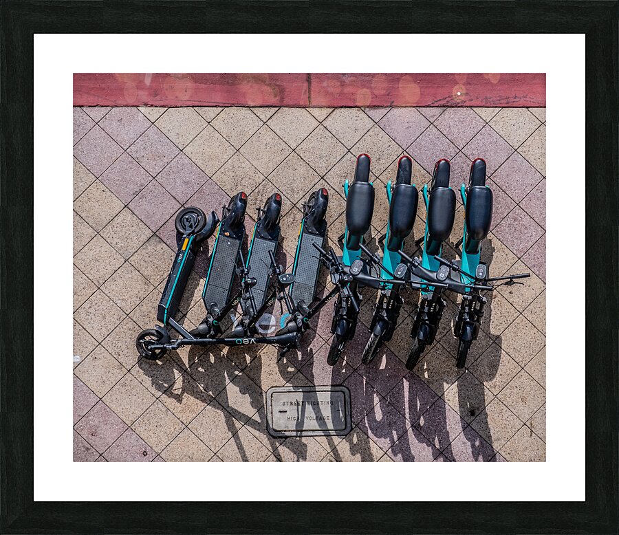 Rental Scooters on Sidewalk from Above Picture Frame print