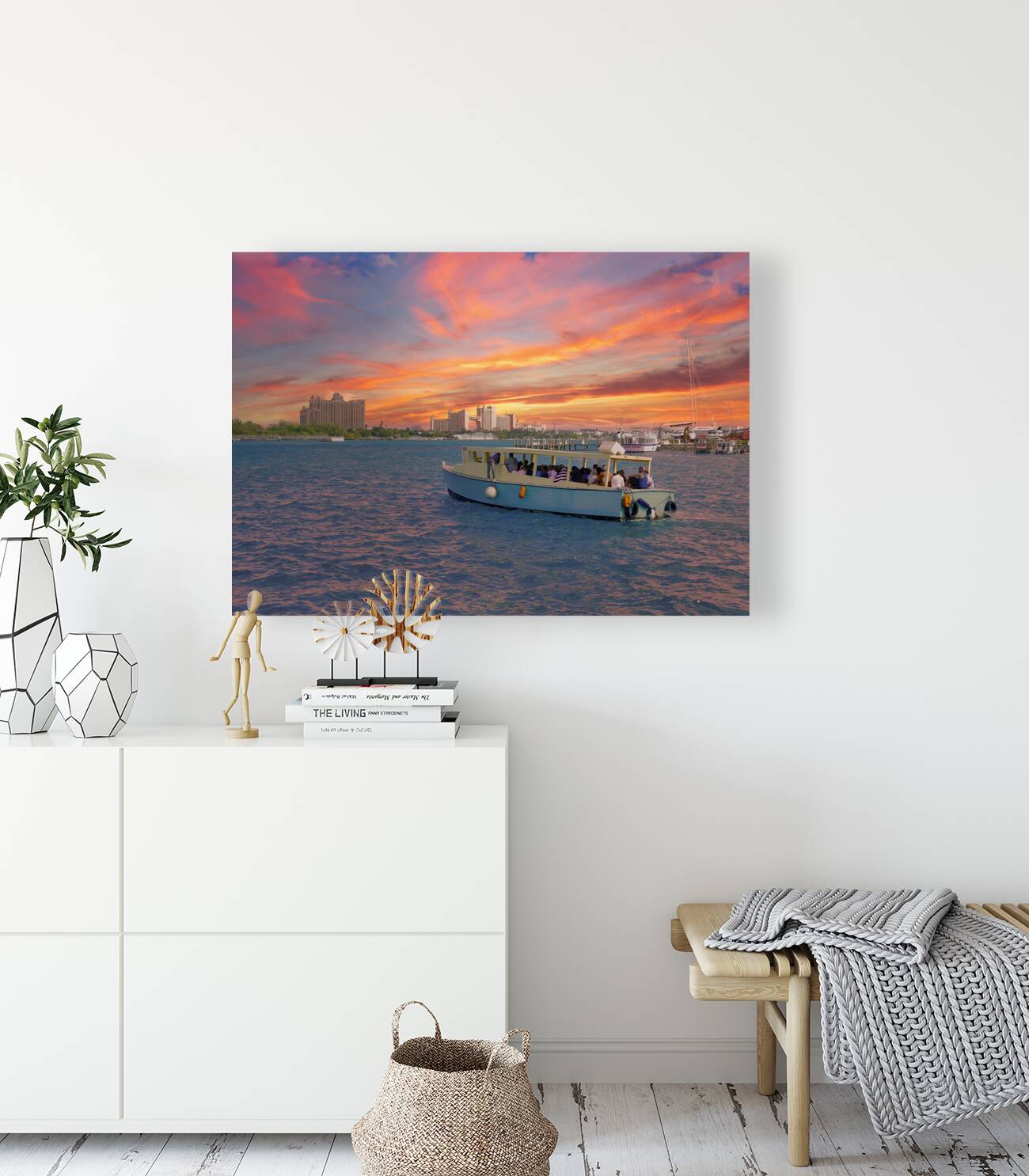 Tour Boat at Nassau Bahamas with Atlantis in Background Reproduction