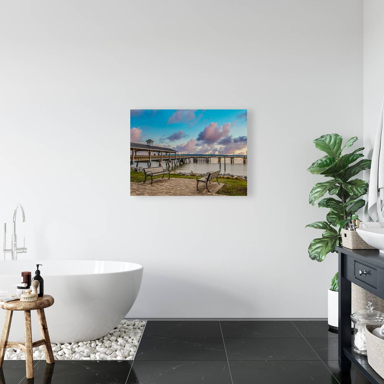 Empty Benches by a Winter Pier Reproduction