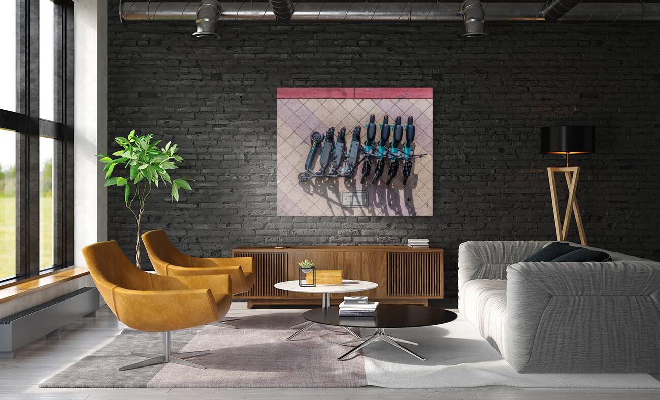 Rental Scooters on Sidewalk from Above Reproduction