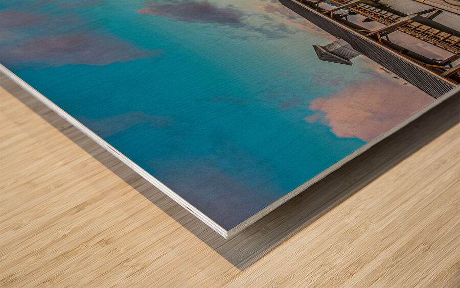 Empty Benches by a Winter Pier Wood print