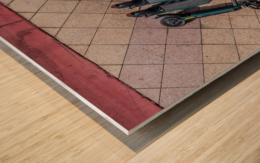 Rental Scooters on Sidewalk from Above Wood print