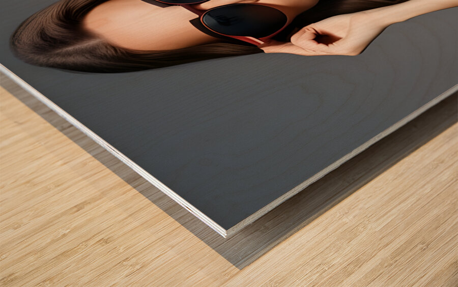 Woman with Eyes Looking Through Dark Sunglasses Wood print