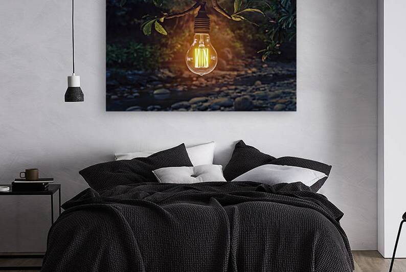 a single glowing lightbulb set against a backdrop by Aurel Dobre