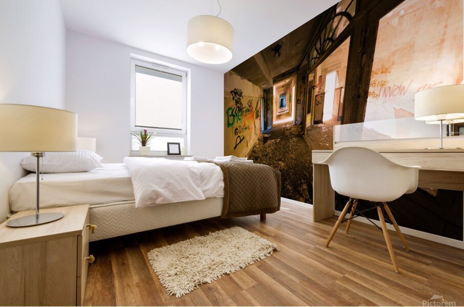 Decaying Hallway With Grafiti In Abandoned Luxurious Hotel Mural print