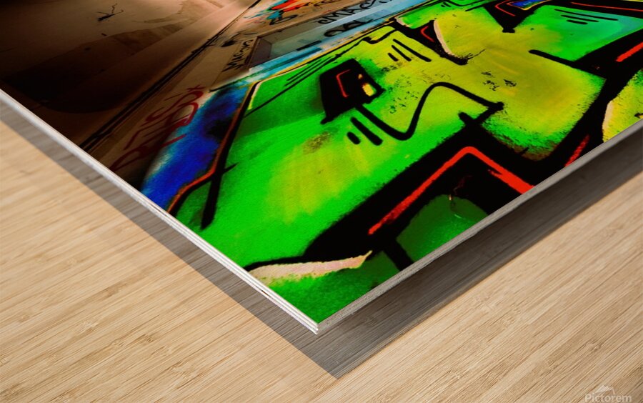 Glowing Grafiti On Decaying Hallway Of Abandoned Luxury Hotel Impression sur bois