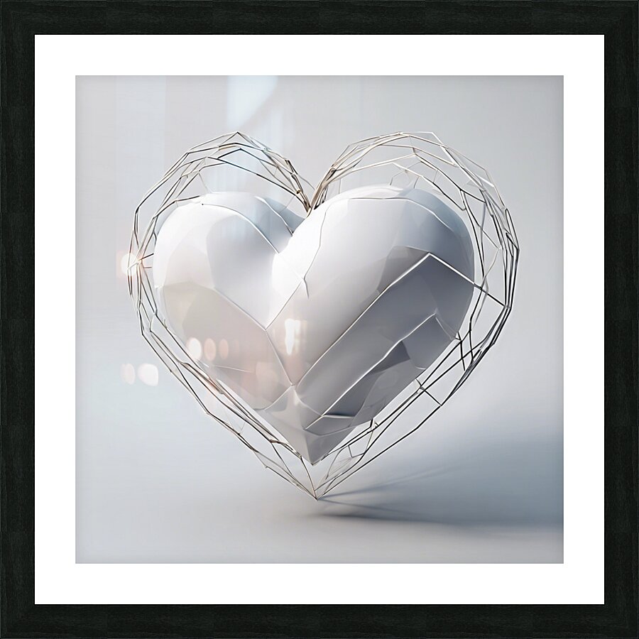  A three dimensional white geometric heart is flo Picture Frame print