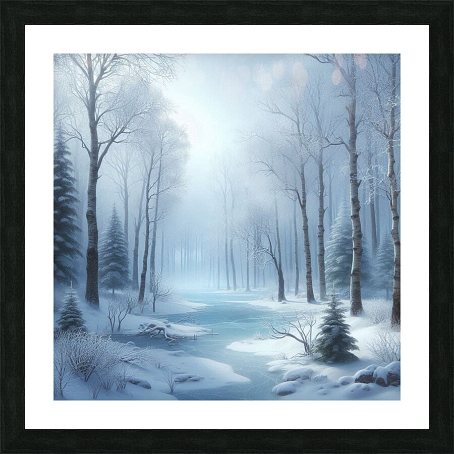 Winter A snow covered forest with bare trees Picture Frame print