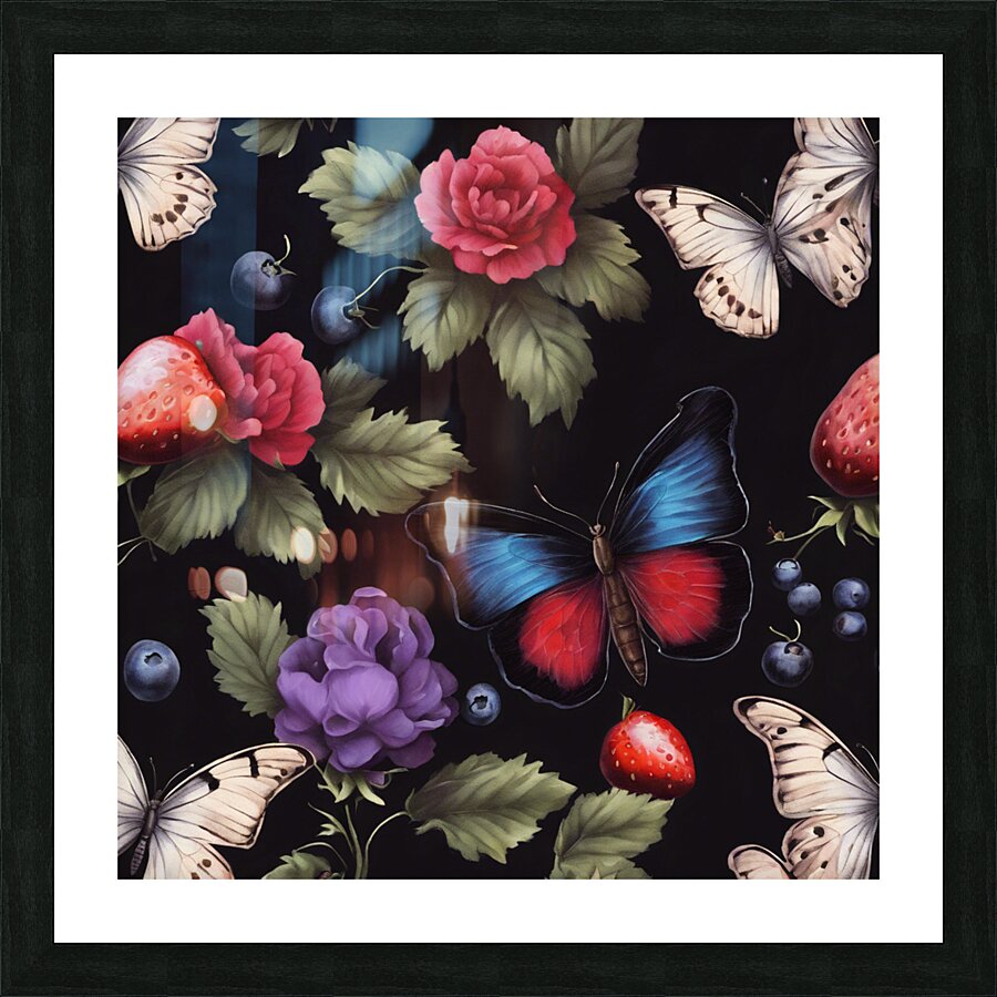  Cottage core vibrant florals with a butterfly on black  Picture Frame print