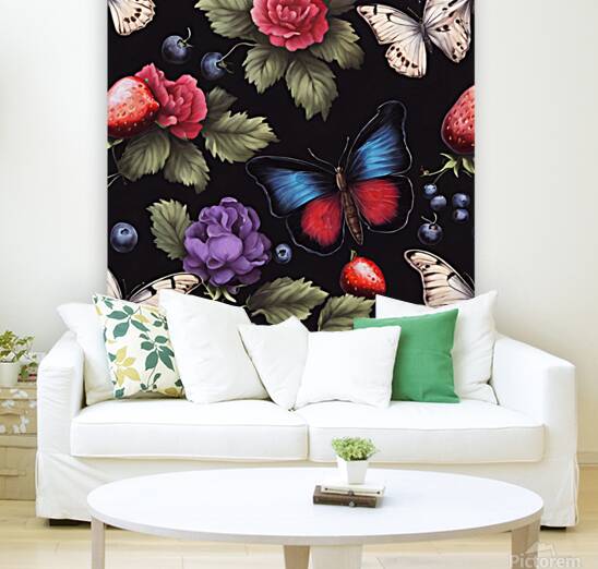  Cottage core vibrant florals with a butterfly on black  Reproduction