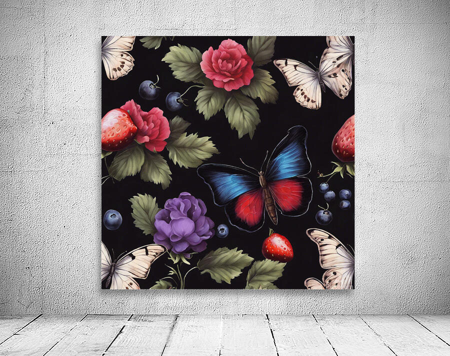  Cottage core vibrant florals with a butterfly on black  Wall Preview