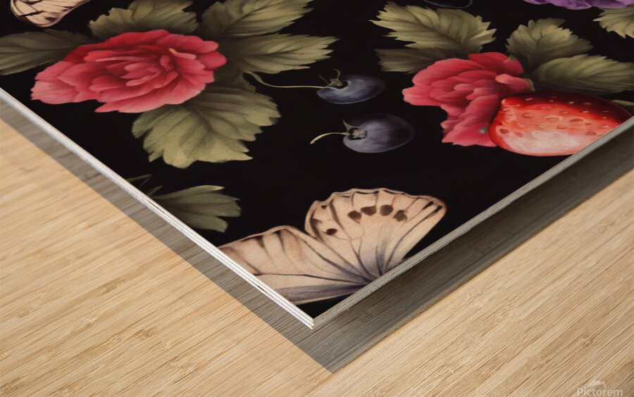  Cottage core vibrant florals with a butterfly on black  Wood print