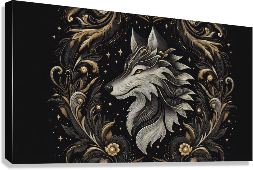 Golden Wolf Design with Black Background 15 Canvas Print
