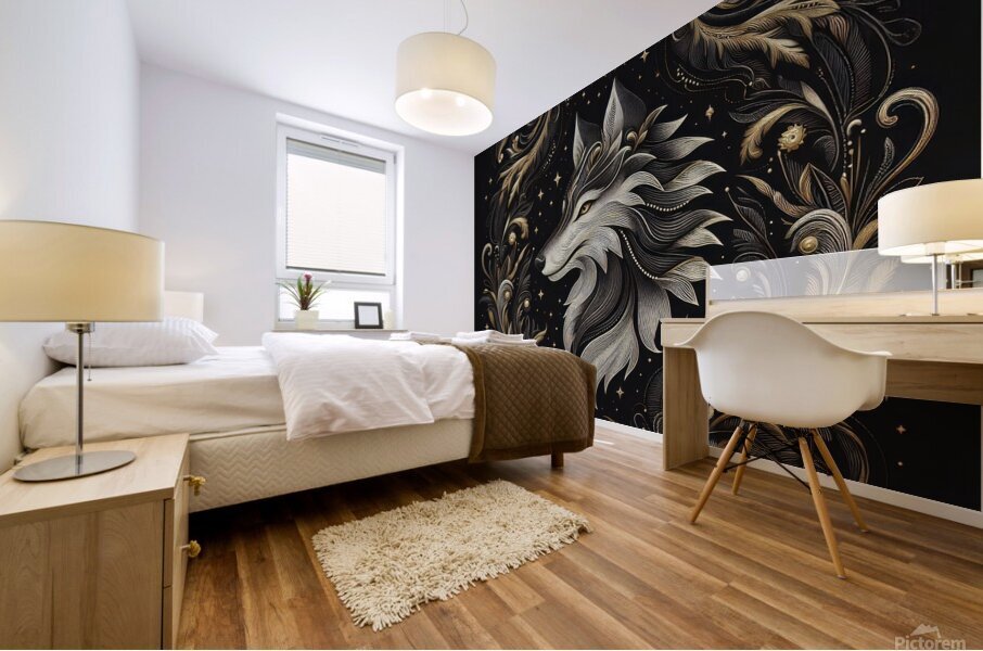 Golden Wolf Design with Black Background 15 Mural print