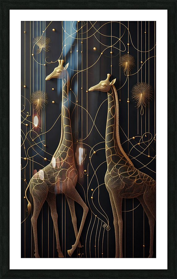 Gold Giraffe Design with Black Background 5 Picture Frame print