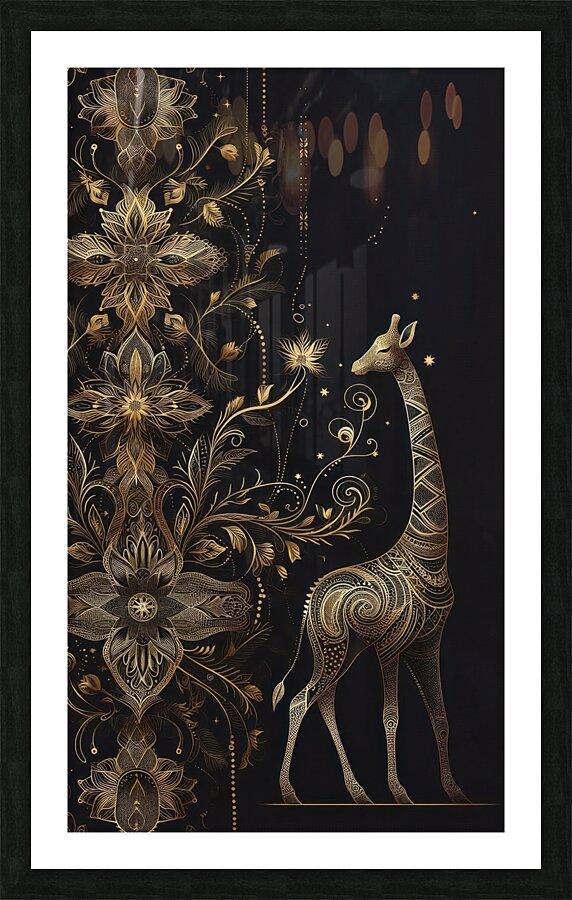 Gold Giraffe Design with Black Background 6 Picture Frame print