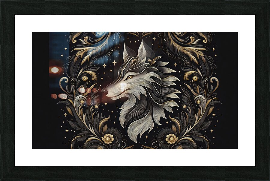 Golden Wolf Design with Black Background 15 Picture Frame print