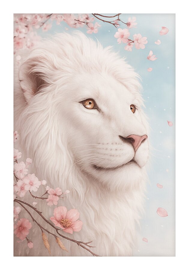 Majestic White Lion in Cherry Blossom Dream 1 Picture Frame print
