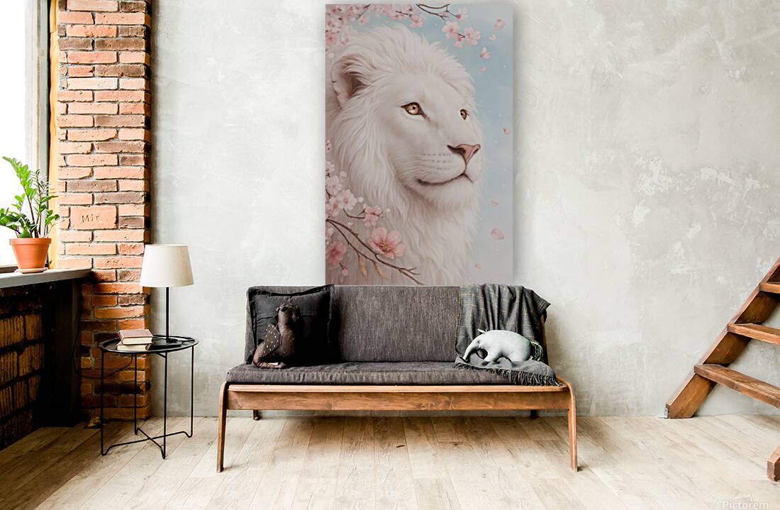Majestic White Lion in Cherry Blossom Dream 1 Reproduction